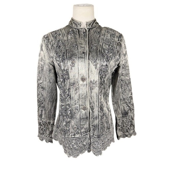 Flashback Jackets & Blazers - Flashback Gray Acid Wash Embroidered Floral Crochet Lace Trim Jacket Women Small